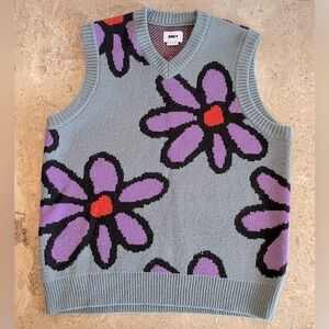 Obey V-Neck Sweater - Gray with Purple and Red Floral Design